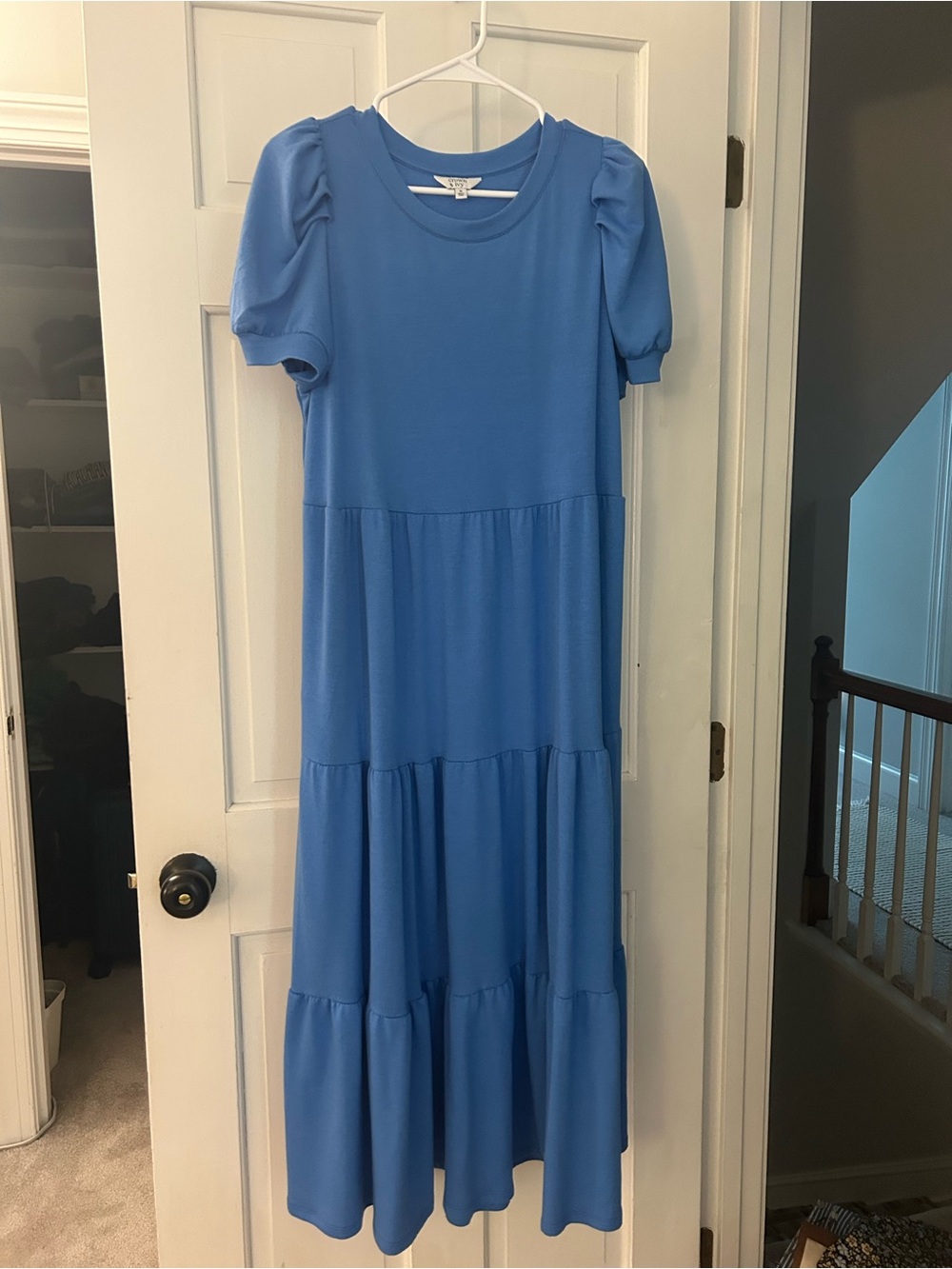 Crown and Ivey Blue Puff-Sleeve Tiered Maxi Dress